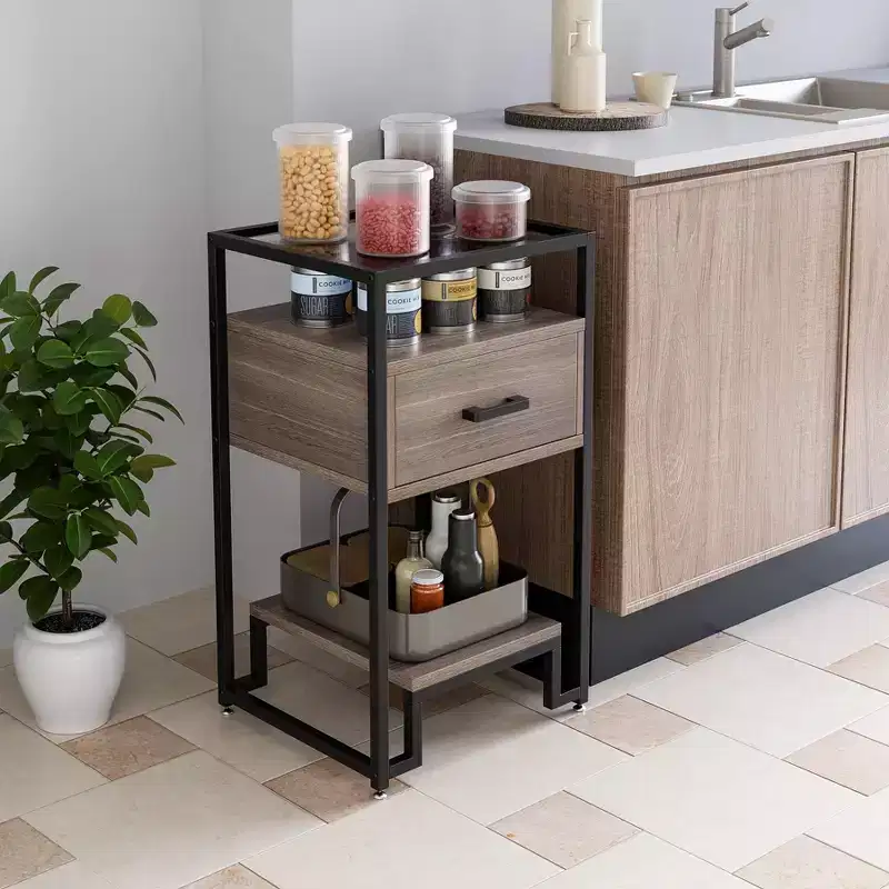 2PCS Nightstands, Beside Table with Storage Drawer and 3-Tier StorageSmall End Table with Steel Frame and Tempered Glass Top