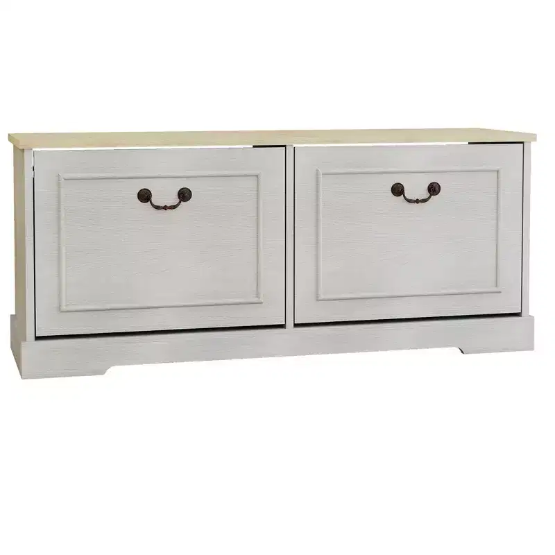 17.71 in. H x 41.33 in. W Antique White Shoe Storage Bench with 2 Flip Drawers and Adjustable Shelves