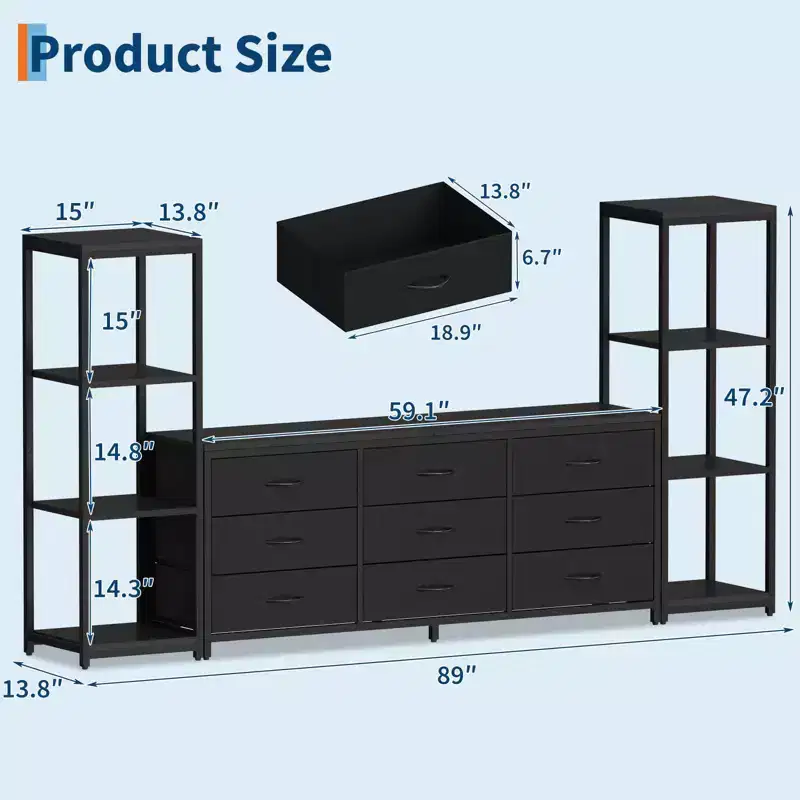 TV Stand for TVs up to 75-inch,Industrial Entertainment Center with 6 Fabric Drawers&Two 4-Tier Storage Shelves,Media Console for Living Room&Bedroom