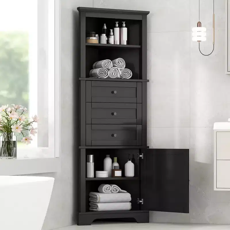 Whisen Triangle Bathroom Storage Cabinet Corner Cabinet with 3 Drawers and Adjustable Shelves