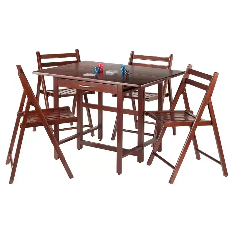 5pc Taylor Drop Leaf Dining with Folding Chairs Walnut -: Traditional Hardwood Dining, 4 Armless Seats, Rectangle