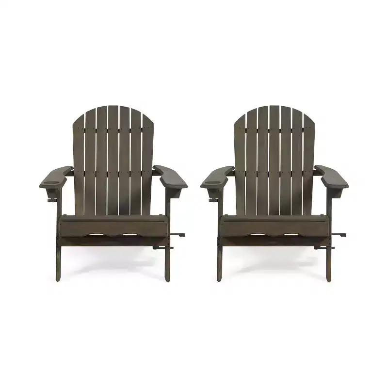 2pk Bellwood Outdoor Acacia Wood Folding Adirondack Chairs Gray - Christopher Knight Home: Rustic Design, Cup Holders