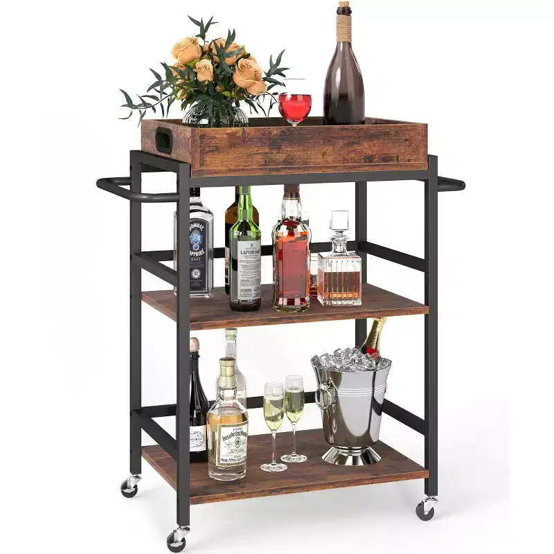 3-Tier Rolling Bar Cart with Wheels Removable Tray Metal Kitchen Serving Cart 154 lb Capacity Lockable Casters Powder-Coated Steel Frame