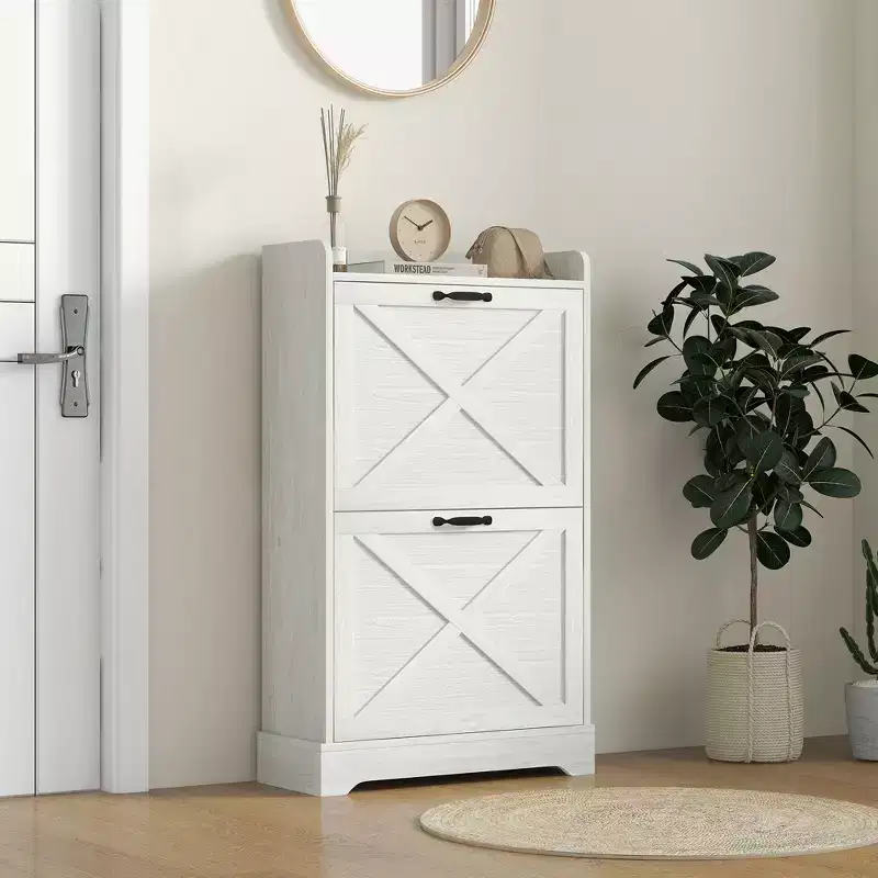 HOMCOM Slim Shoe Cabinet, Farmhouse Hidden Shoe Storage Cabinet with 2 Flip Drawers and Adjustable Shelves for 8 Pairs of Shoes, Distressed White