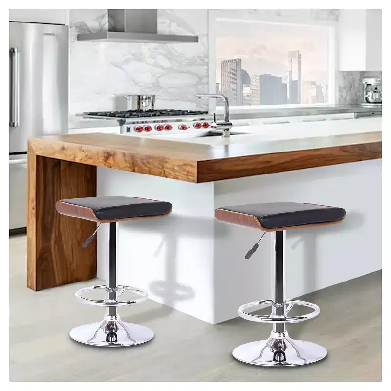 Java AdjusTable Barstool - Black - Armen Living: Modern Adjustable Height, Chrome-Plated, Faux Leather, 250 lb Capacity