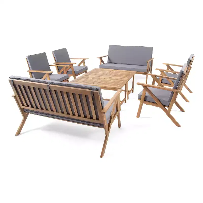GDFStudio Manarola Outdoor Acacia Wood 8 Seater Chat Set, Teak/Dark Gray