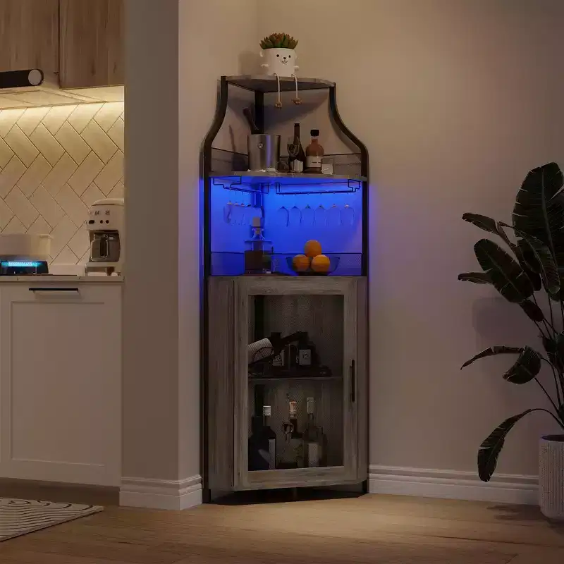Corner Wine Bar Rack Cabinet with Detachable Wine Rack - Bar Cabinet with Glass Holder, Small Sideboard, Buffet Cabinet with Mesh Door