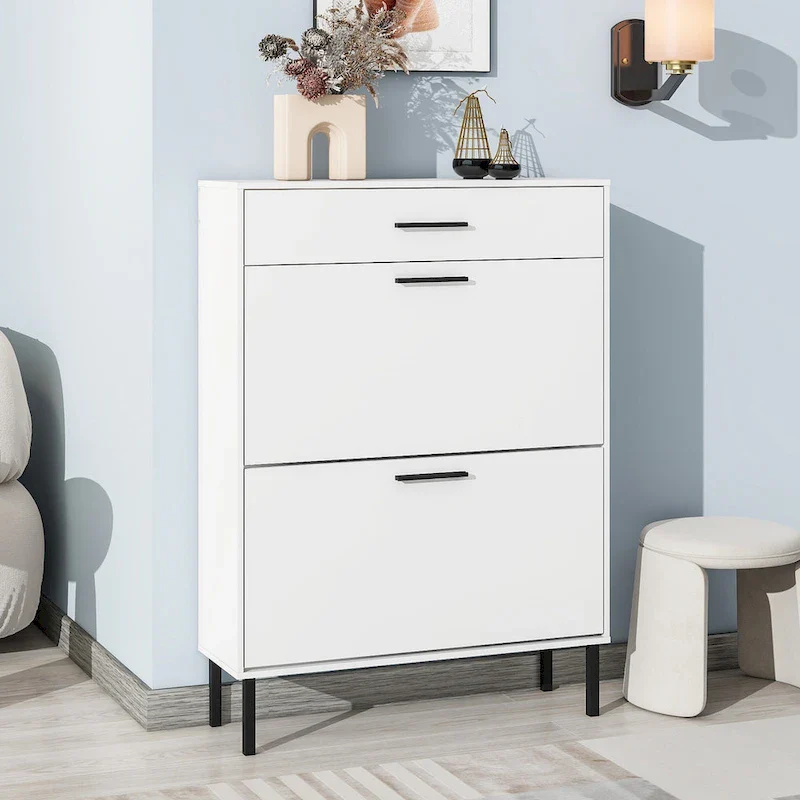 Freestanding Shoe Storage Cabinet with 2 Flip Drawers and Metal Legs
