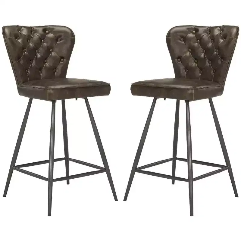 26H Mid-Century Modern Leather Tufted Swivel Counter Stool (Set Of 2)