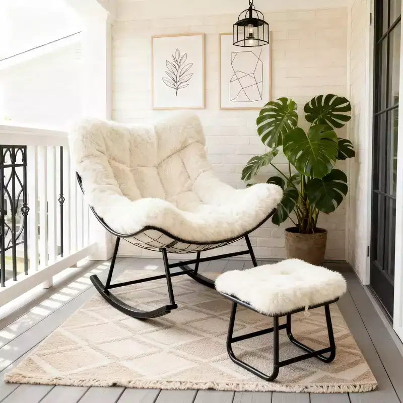Oversized Papasan Rocking Chair with Ottoman and Soft Plush Cushion, Lounge Chair with Footrest and Sturdy Metal Frame, Egg Rocker for Living Room