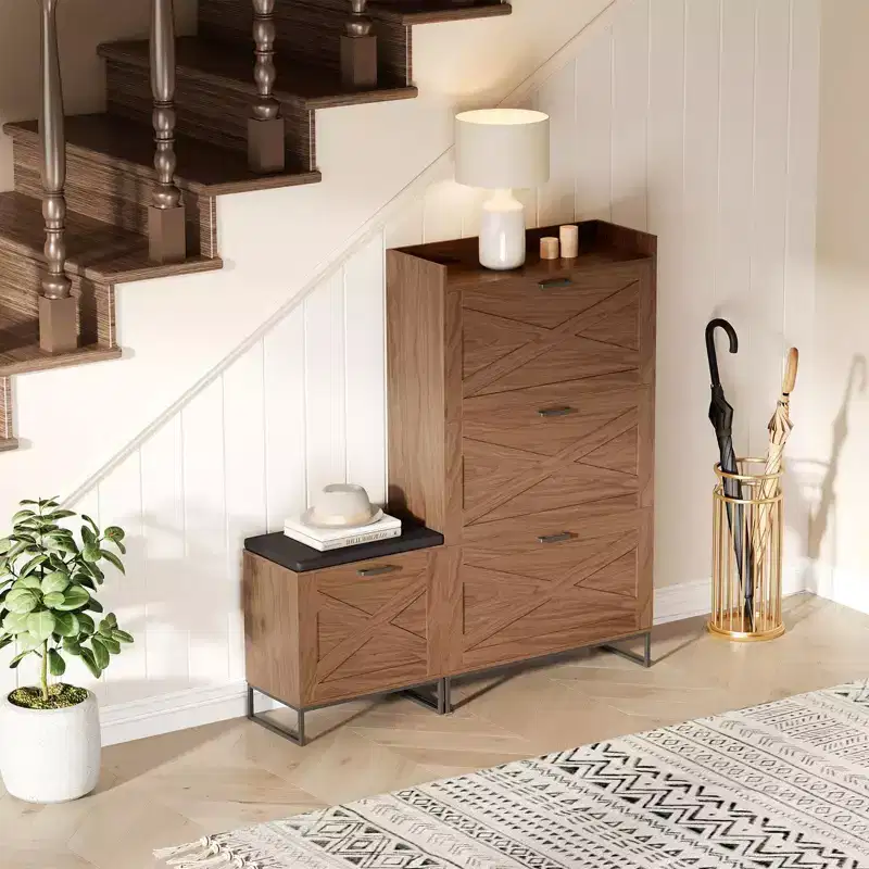 Brown Farmhouse Shoe Storage Cabinet with Bench & Flip Drawers, Holds 30 Pairs