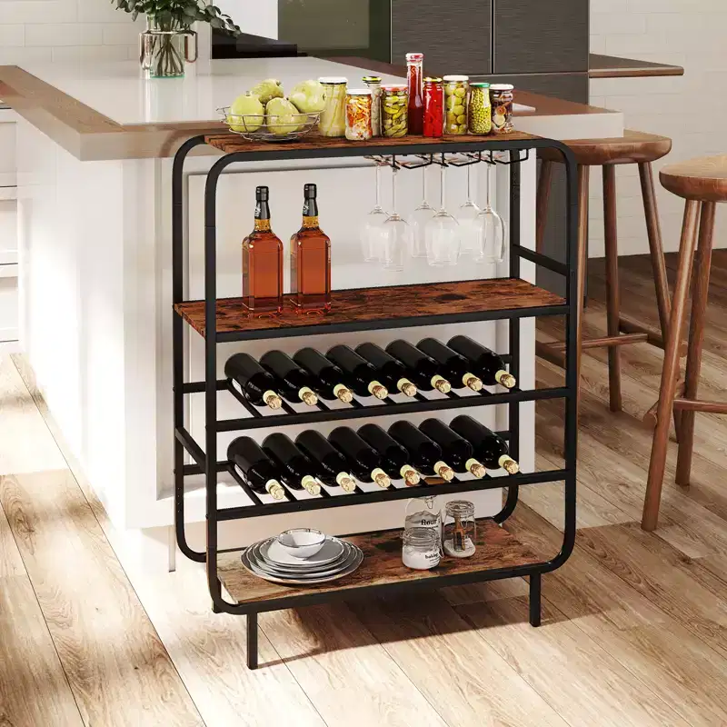 Costway 16 Bottle Drinks Rack w/ Glass Holders Metal Frame Storage Shelf for Kitchen