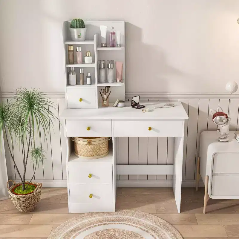 Okak Modern Vanity Desk with Movable and 3-Color Hidden Mirror, Makeup Vanity with 5 Drawers, Girls Vanity for Bedroom, Living Room, White