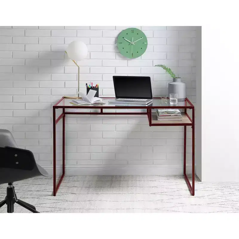Writing Desk with Glass Top, Red Finish and Open Storage Shelf, 48