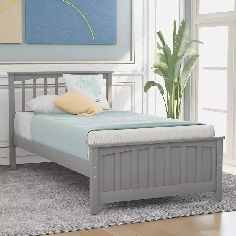 Whisen Classic Twin Size Wood Platform Bed with Headboard and Footboard