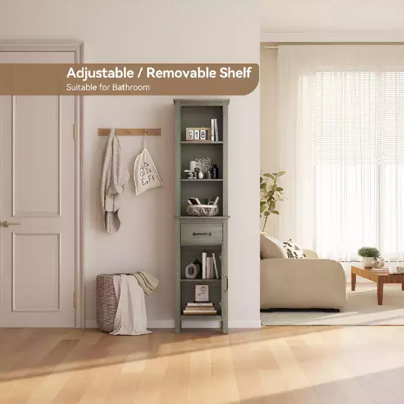 Tall Bathroom Storage Cabinet, 63 Inch Narrow Bookcase with Drawer for Small Spaces