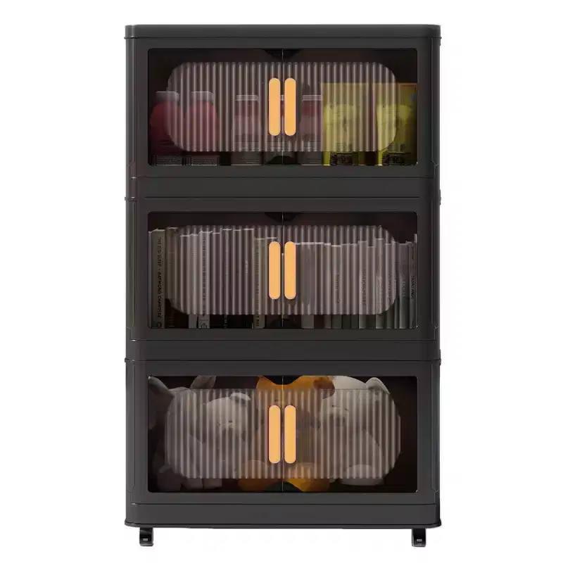 Black 3-Tier Folding Plastic Storage Cabinet with Magnetic Door & Wheels – 1 Person