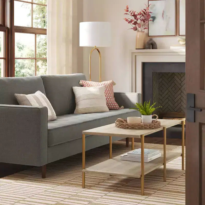 Rectangular Coffee Table with Built-in Shelf and Brass Metal Legs Brown