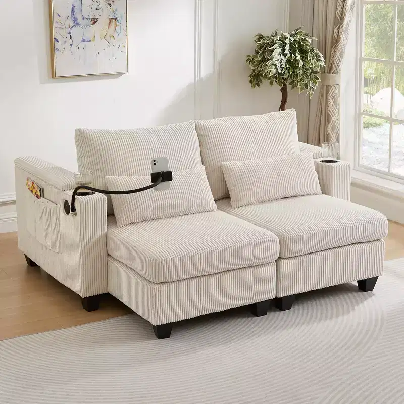 Polibi Corduroy Convertible Chaise Lounge Loveseat with USB Ports, Cup Holders, Phone Mount & Armrest Storage
