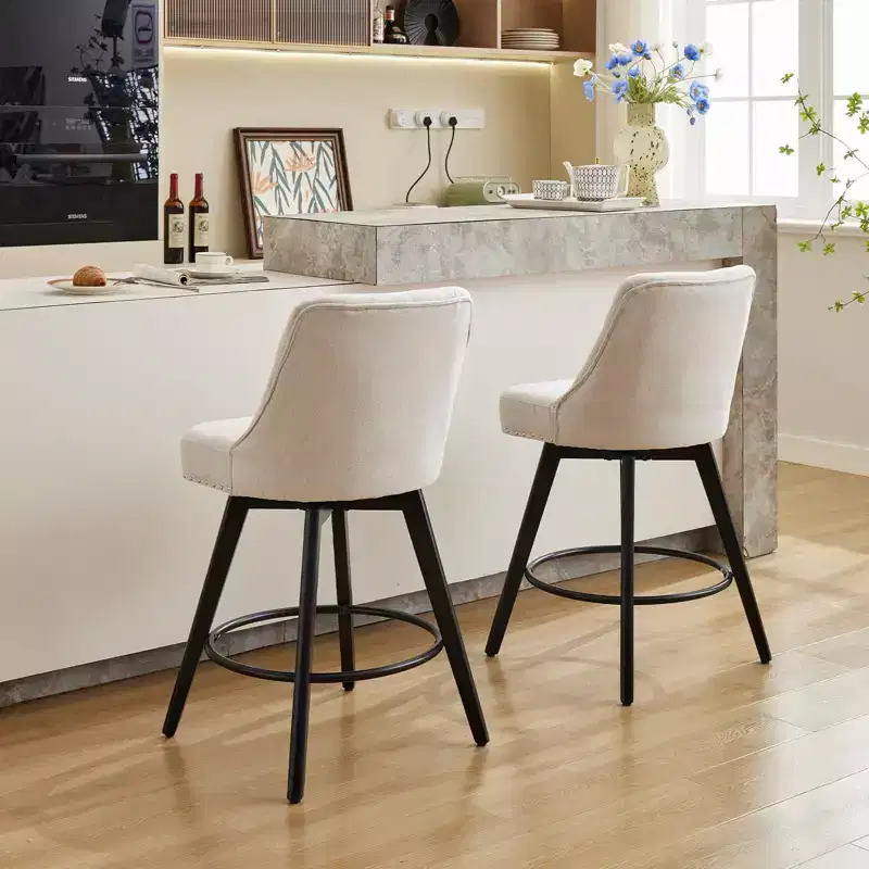 Set of 4 Linen Beige Bar Stools-26 Counter Height Swivel Stools with Backrest & Wood Legs for Kitchen Island & Home Bar(Modern Upholstered Design)