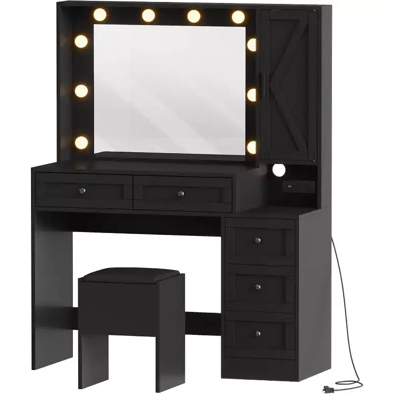 Black Makeup Vanity Desk Set with Lights & Stool – Iron & Wood, 2-Piece, 1 User