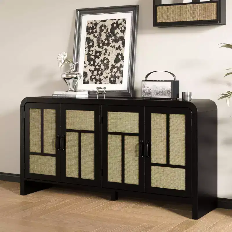 59 Black Rattan Buffet Cabinet with 4 Doors, Boho Sideboard with Adjustable Shelves, Wood Accent for Dining Living Room