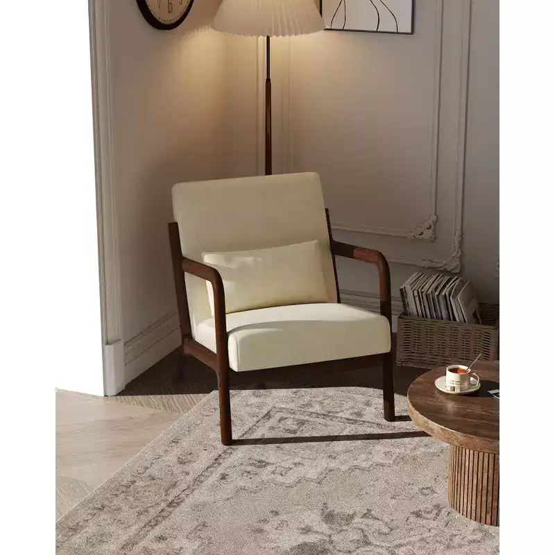 Mid-Century Chenille Accent Chair, Cozy Reading Chair, Modern Lounge Armchair with Lumbar Pillow, Solid Wood Frame, for Living Room, Bedroom, Office