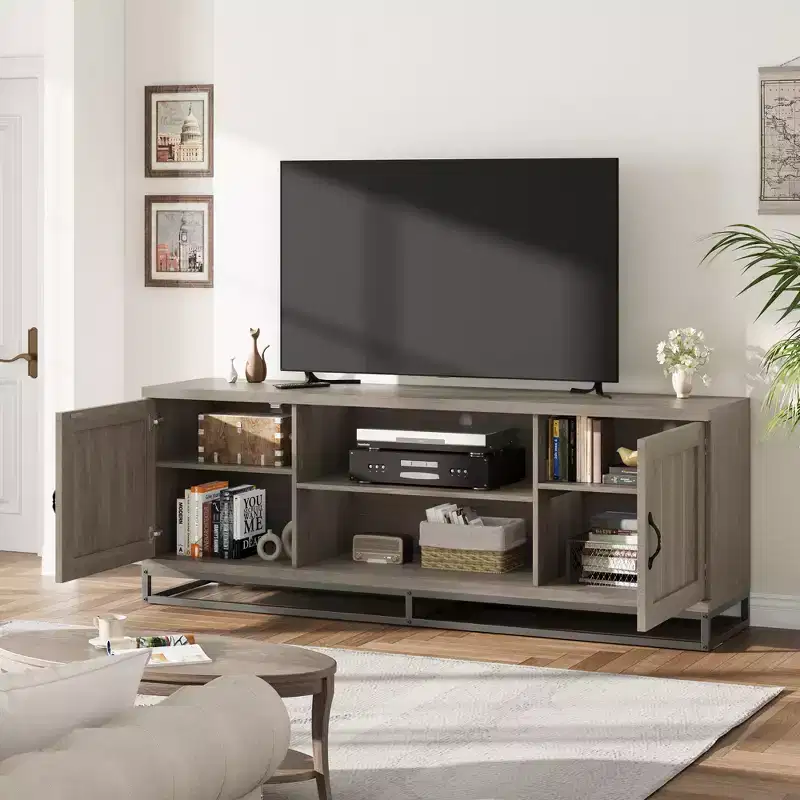 Garvee Farmhouse TV Stand for 75inch, Entertainment Center with Sturdy Metal Leg & Adjustable Shelves, Wooden Media Console for Living Room Bedroom