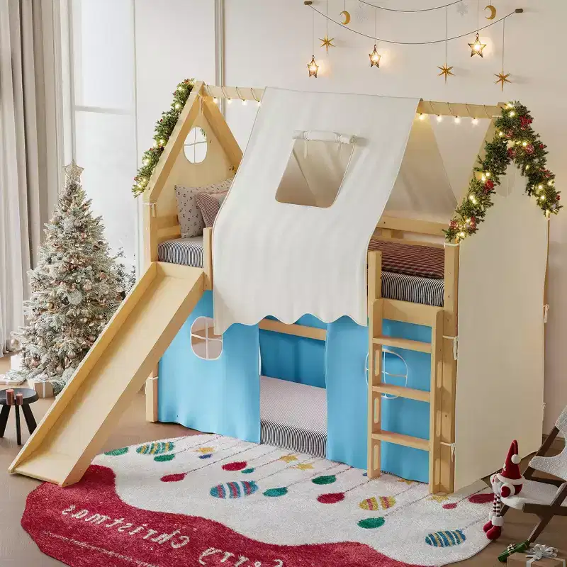 Twin/Full Size House Loft Bed with Built-in Slide & Lights, Kids Loft Bed Frame with Tent & Safety Guardrails - ModernLuxe