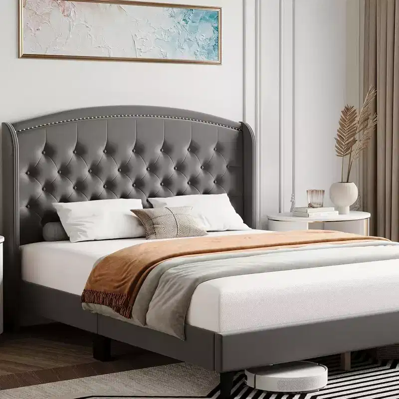 King Size Gray Modern Platform Bed with Diamond Stitch Headboard, Sturdy Slat Support No Box Spring Needed, Quiet and Easy Assembly