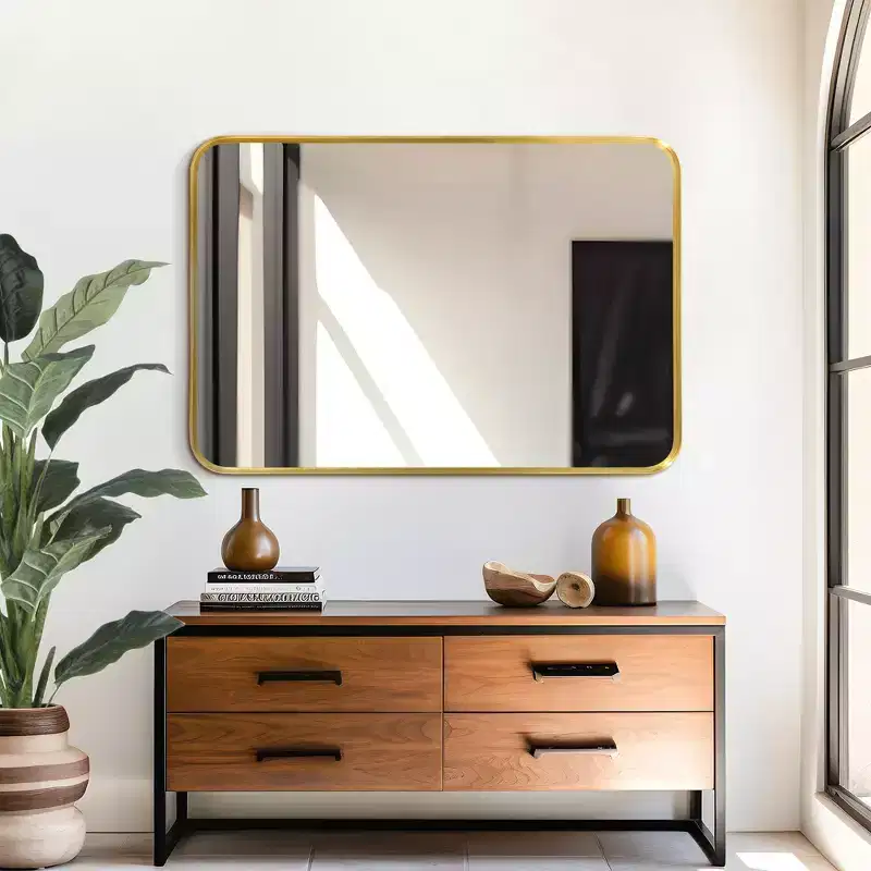 38x26 Rectangle Bathroom Mirror with Aluminum Alloy Frame, Wall Mounted Vanity Mirror for Bedroom Living Room Entryway, Gold