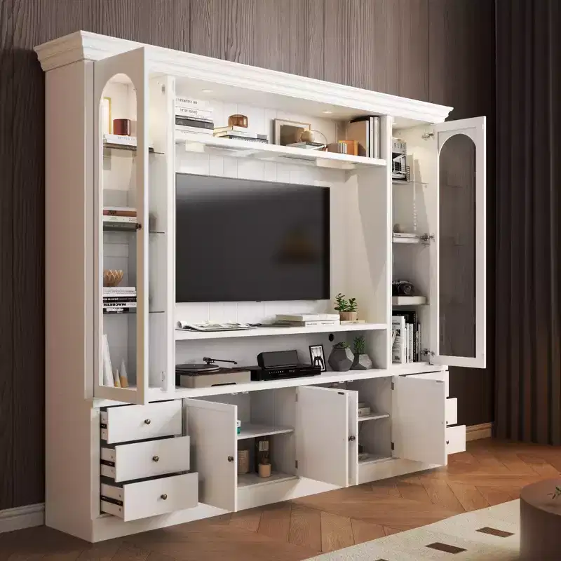 Famapy White Media Entertainment Center  Large TV Stand with Storage Cabinets & LED Spotlights for Living Room