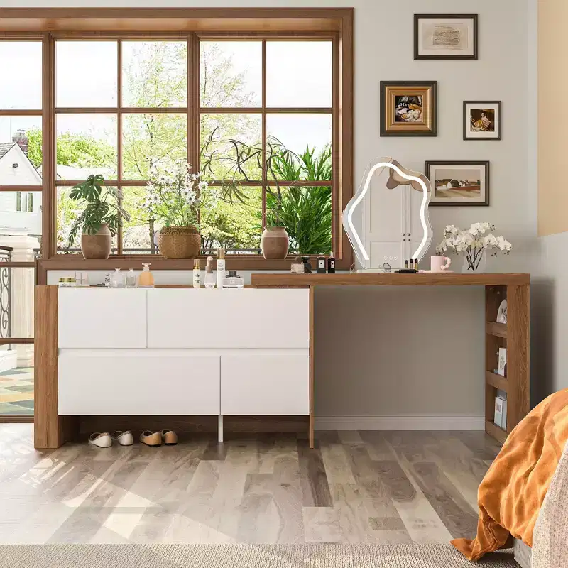 Rotatable Extendable Makeup Vanity Table with Storage Drawers – Brown & White