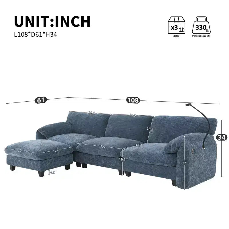 EHMKNP 108 L-Shaped Modular Sectional Sofa with Extra Wide 31.5 Seats, Movable Ottoman, Striped Chenille Fabric