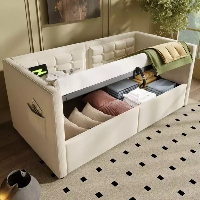 Twin Size Modern Bed Frame Sofa Bed with USB & Hidden Storage, Upholstered Tufted Daybed for Bedroom, Kids Room, Study