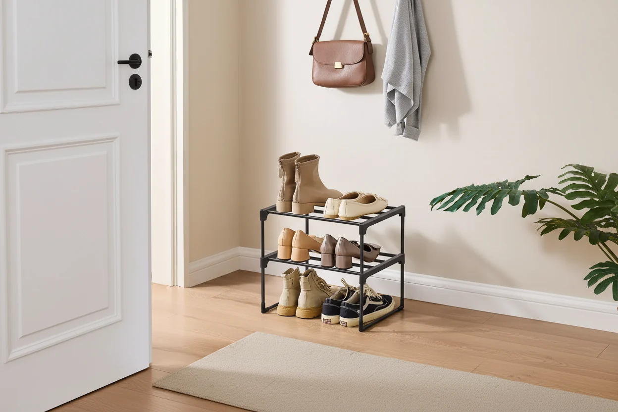 2-Tier Stackable Shoe Rack, 14.8 Inch Metal Shoe Organizer with 22 lb per Tier Capacity, Upright & Reversible for Entryway, Black