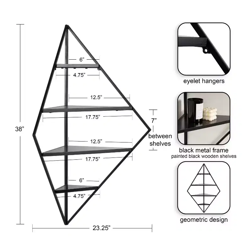 Black Metal & Wood Diamond Corner Wall Shelf, 4 Tiers, 23