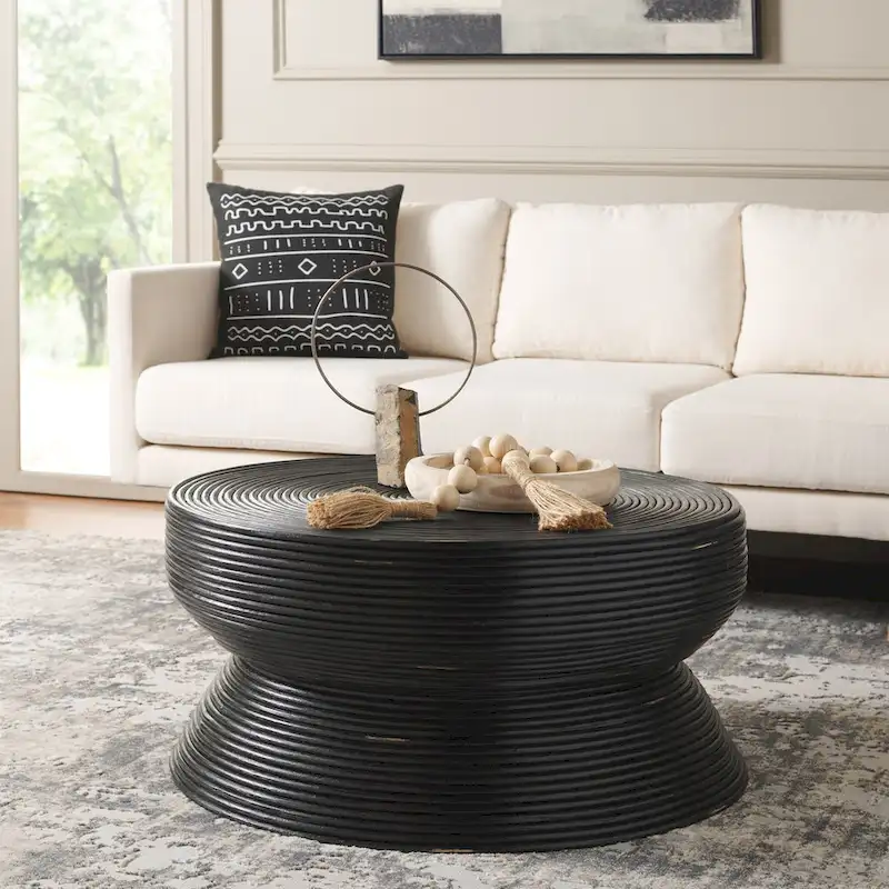 Round Rattan Accent Coffee Table – Hourglass Shape, Distressed Black, 31