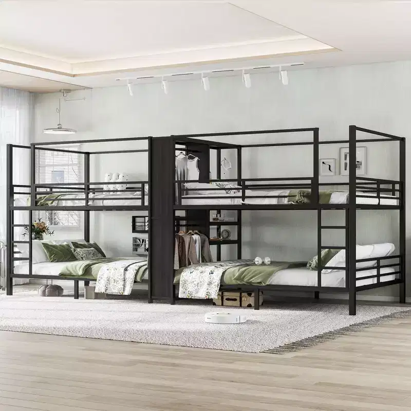 Queen size Quadruple Metal Bunk BedQuadruple Metal Bunk Bed with Built-in Storage Shelves and WardrobeSturdy Metal Frame with Noise-reduced Design
