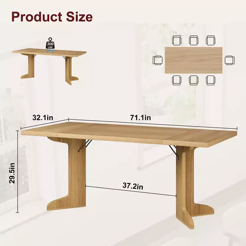 Large Dining Table for 6, Farmhouse Kitchen Table with Padded Top and Unique V-Shaped Feet, Rectangular Wooden Dining Table