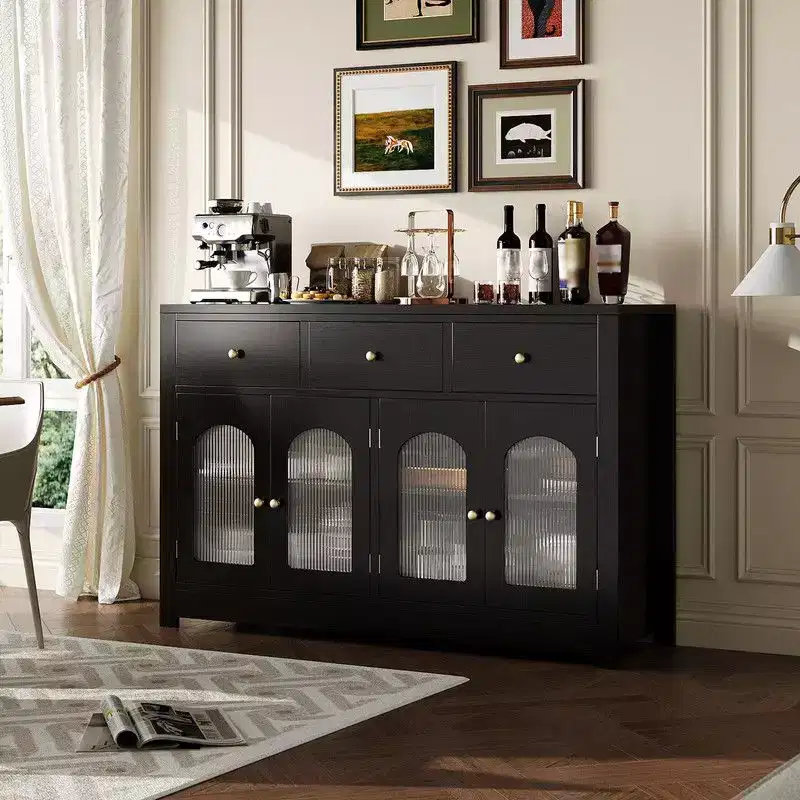 Buffet Cabinet with Drawers, 55 Inch Large Sideboard Buffet Storage Cabinet with 3 Drawer and 4 Doors, Wood Coffee Bar Buffet Table