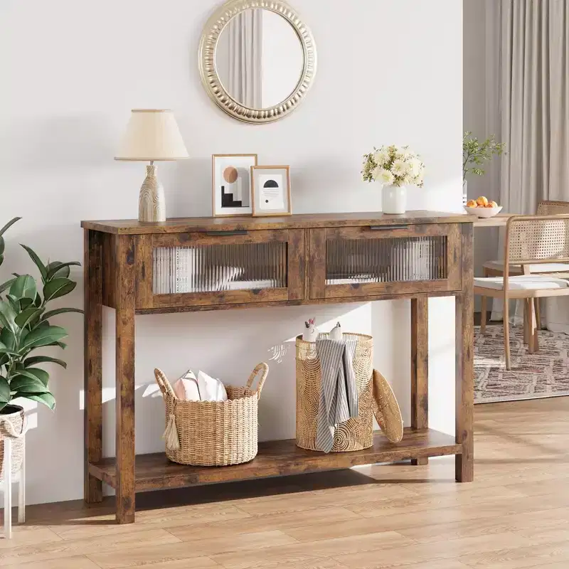Entryway Table, Wood Console Table with 2 Glass Drawers, 2 Tier Sofa Table with Storage for Living Room, Foyer Tables for Entryway