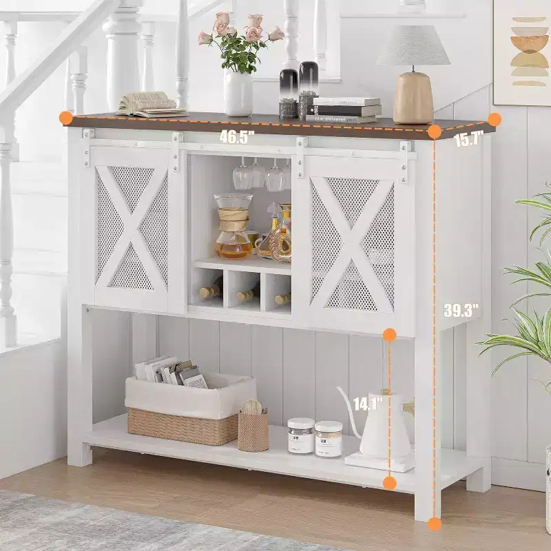 Farmhouse Bar Cabinet with Wine Glass Rack - Buffet Sideboard with Barn Door
