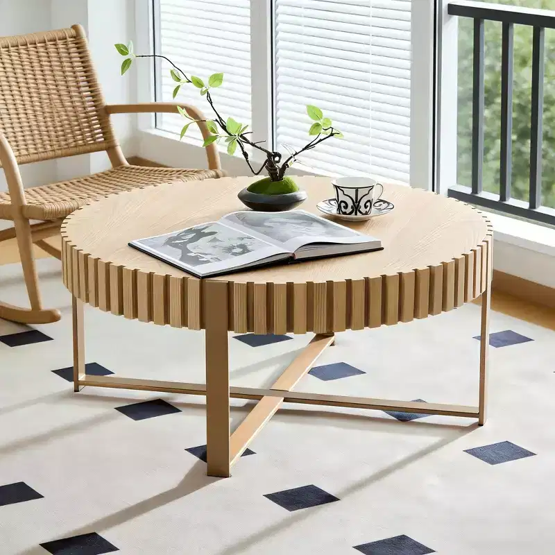 JVNOXK Modern Handcraft Drum Coffee Table 31.5 inch Round Coffee Table for Living Room,with Sturdy Pedestal,Natural