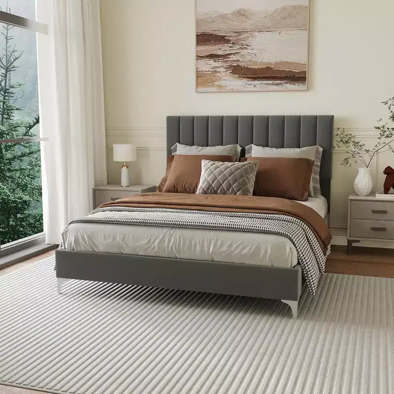 Full Size Bed Frame, Velvet Upholstered, Adjustable Headboard, Noise Free, No Box Spring Needed, Wooden Slats Support, Grey