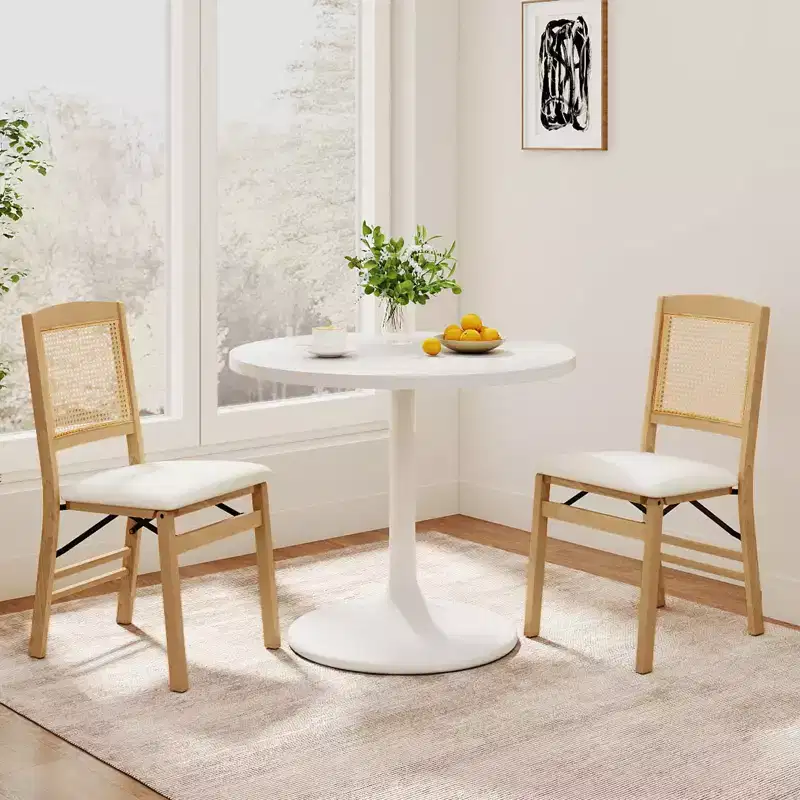 Folding Dining Chairs Set of 4 with Linen Padded Seat and Rattan Backrest