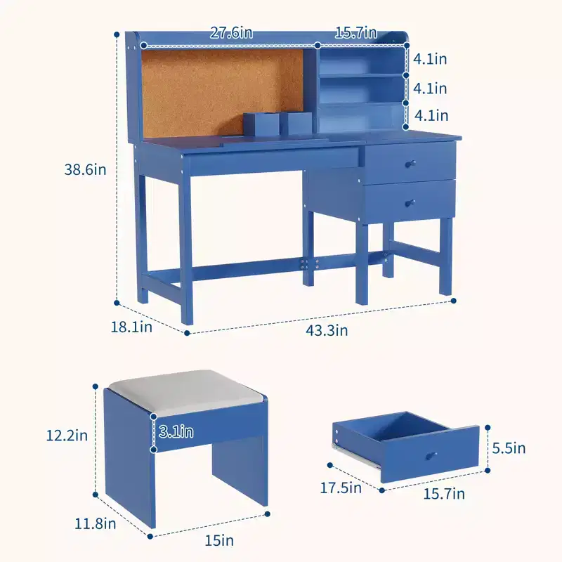 Kids Desk and Chair Set, Wooden Study Table with Adjustable Tilt Desktop, Drawers