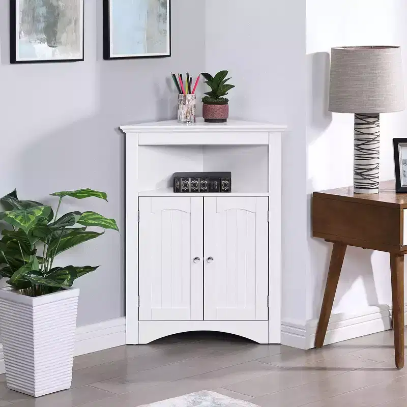 MAYEERTY White Corner Storage Cabinet with Doors & Adjustable Shelves for Bathroom Kitchen Living Room
