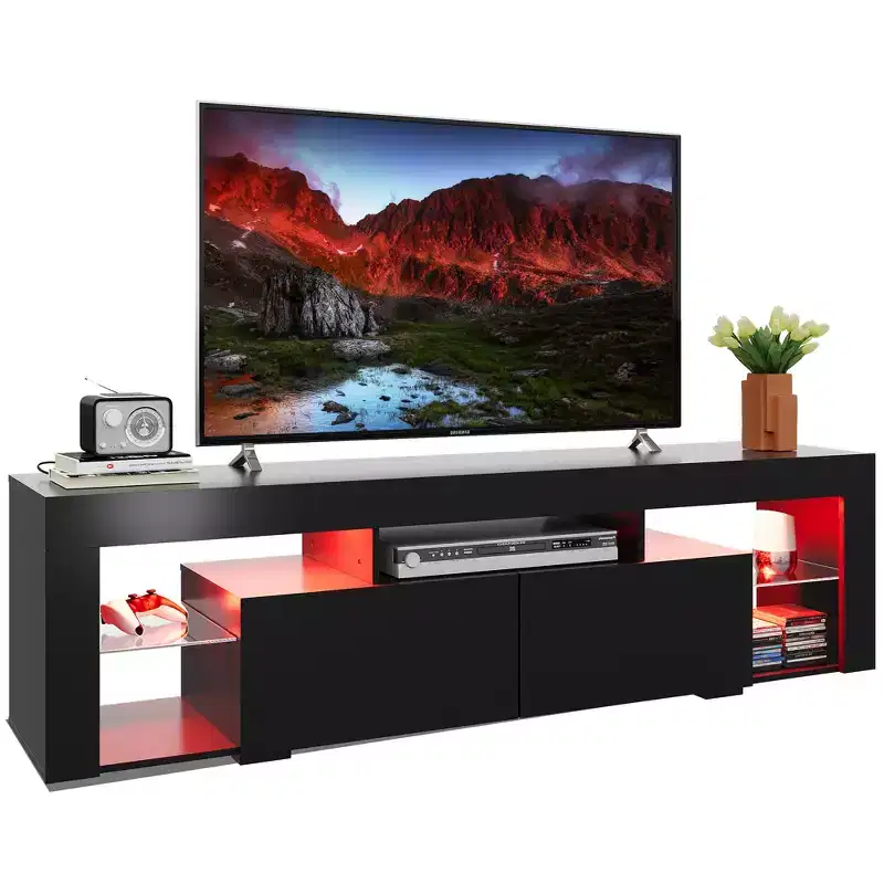 TV Stand for 55-70 Inch TVs, Modern Entertainment Center with LED Lights, 2 Drawers & Open Shelves, Black
