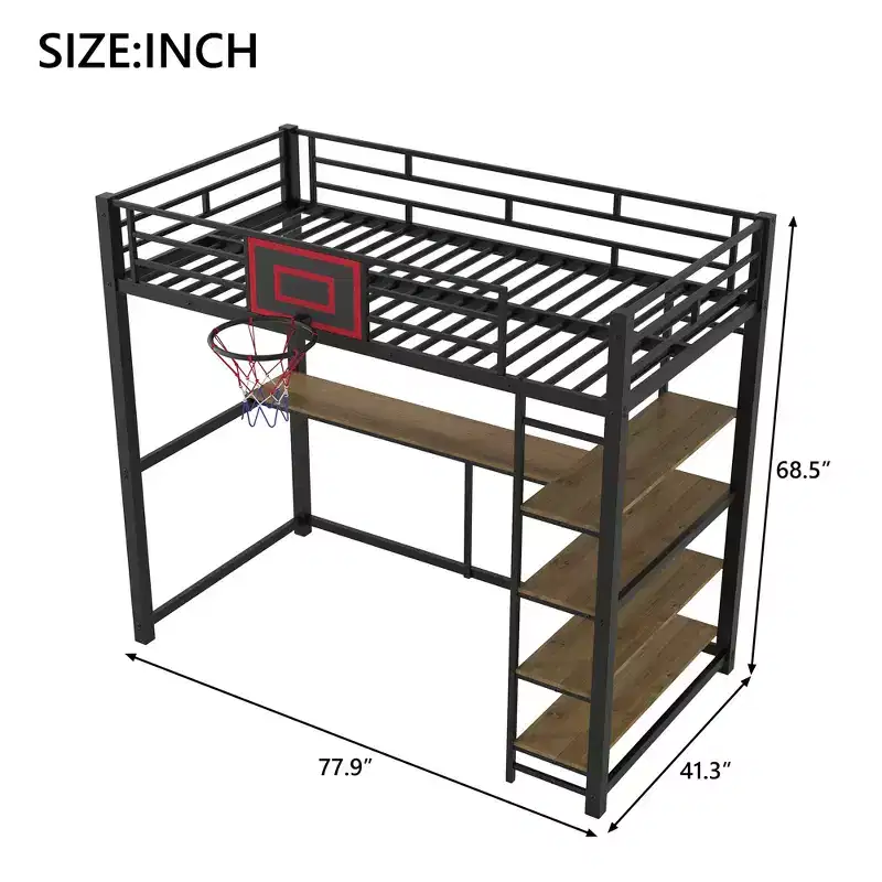 Twin Size Metal Loft Bed with Desk and Shelves, Heavy Duty Loft Bed Frame with Basketball Hoop, Black